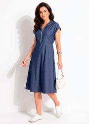 Vestido Midi Jeans Evas� com Z�per Frontal e Gola Alta Azul Escuro