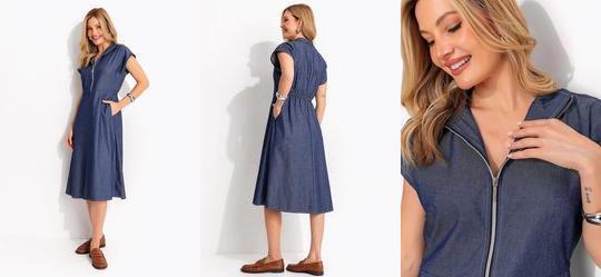 Vestido Midi Jeans Evas� com Z�per Frontal e Gola Alta Azul Escuro