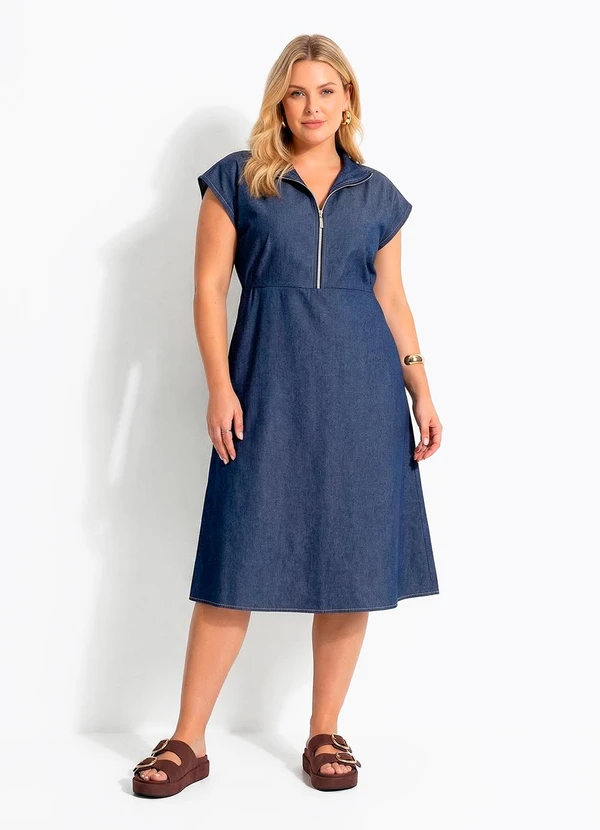 Quintess - Vestido Midi Jeans Evasê com Zíper Frontal e Gola Alta Azul Escuro 9