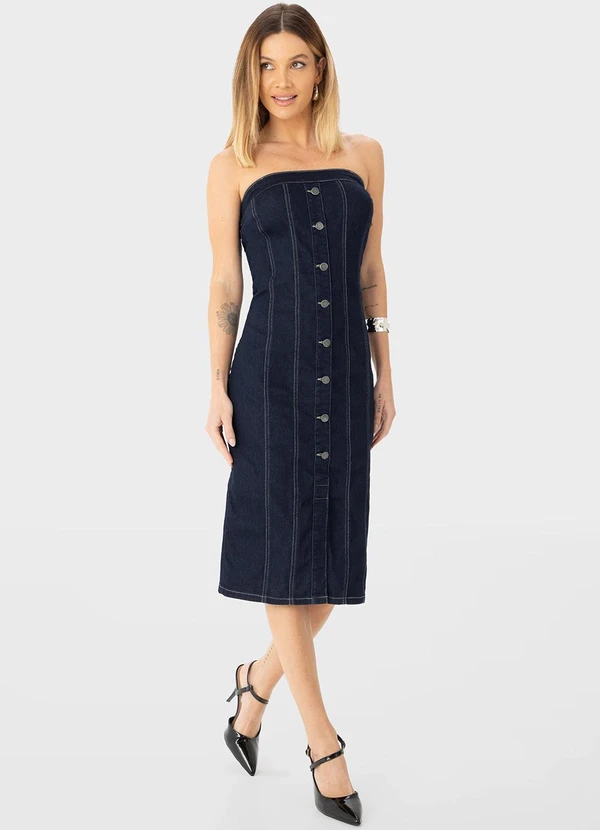 Enfim - Vestido Midi Jeans sem Alça Azul