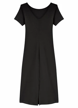 Malwee - Vestido Mídi Justo Acinturado Canelado Preto - MALWEE