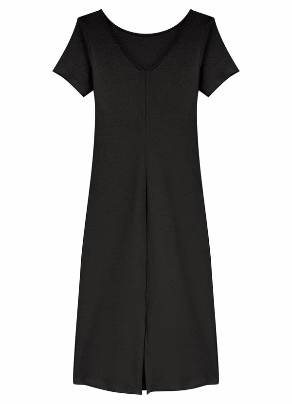 Malwee - Vestido Mídi Justo Acinturado Canelado Preto 1