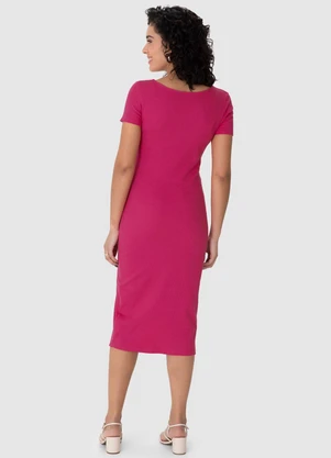 Malwee - Vestido Mídi Justo Acinturado Canelado Rosa - MALWEE