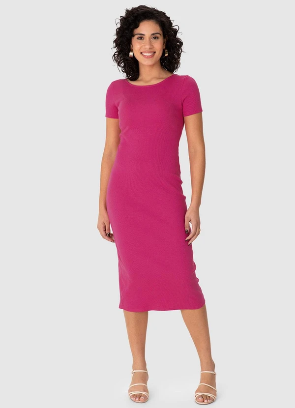 Malwee - Vestido Mídi Justo Acinturado Canelado Rosa 3