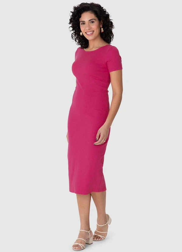 Malwee - Vestido Mídi Justo Acinturado Canelado Rosa 4