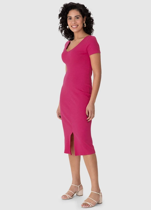 Malwee - Vestido Mídi Justo Acinturado Canelado Rosa 5