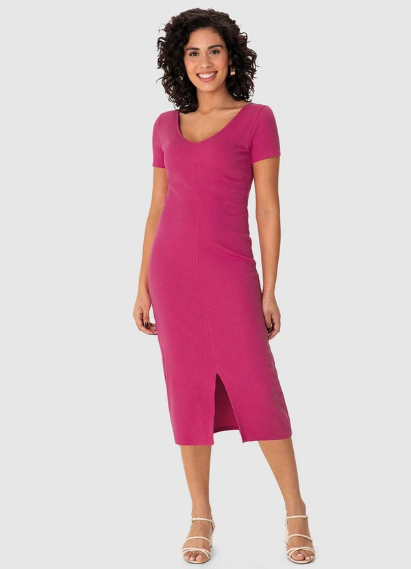 Malwee - Vestido Mídi Justo Acinturado Canelado Rosa 6