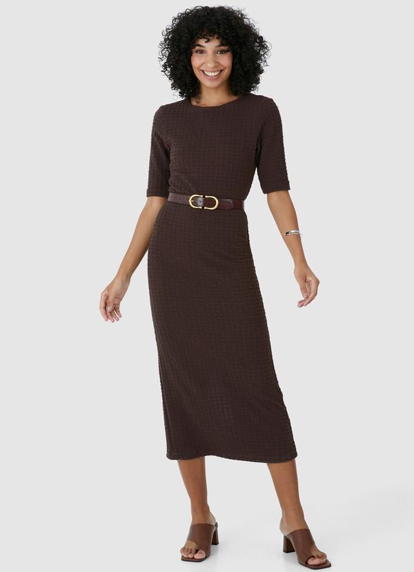Malwee - Vestido Midi Justo Texturizado Marrom 3