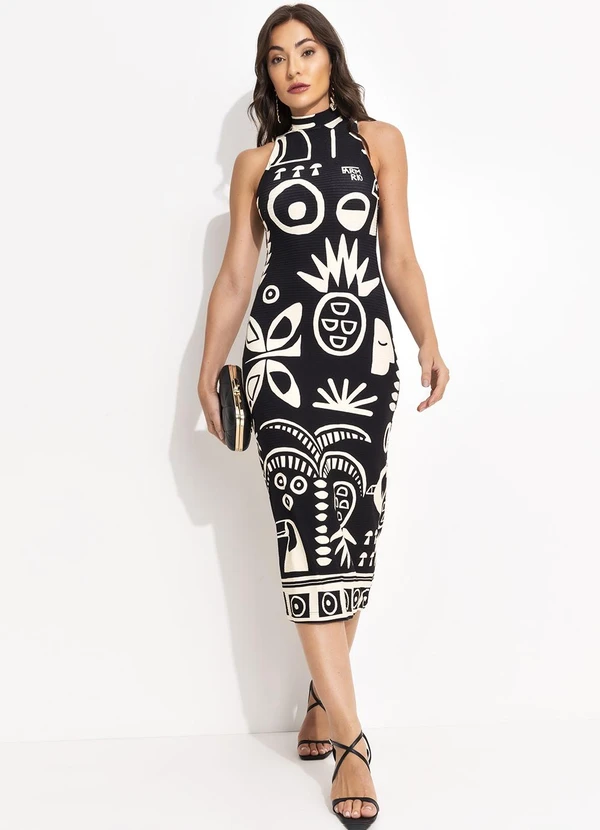 Farm - Vestido Midi Lenço Tropicano Preto