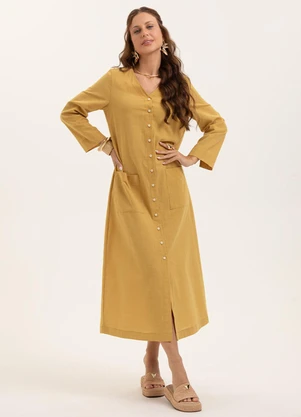Cativa - Vestido Midi Leve Texturizado Amarelo Mostarda - CATIVA