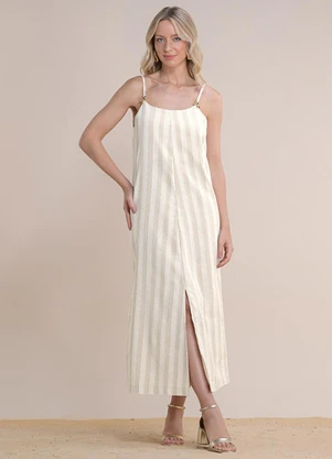 Angel - Vestido Midi Linho Listrado Bege - ANGEL
