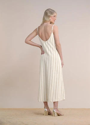 Angel - Vestido Midi Linho Listrado Bege - ANGEL
