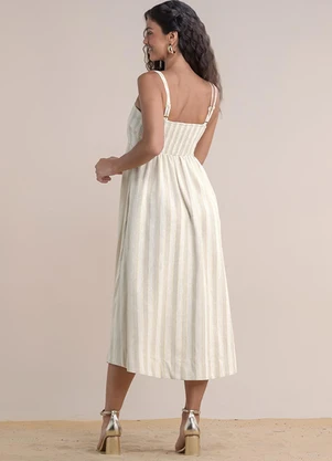Angel - Vestido Midi Linho Listrado Bege - ANGEL