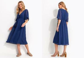 Vestido Midi Listrado Azul em Voil com Amarra��o e Estilo Boho