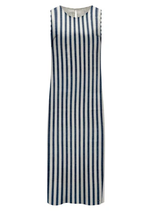 Lunender - Vestido Midi Listrado com Fenda Lateral Azul - LUNENDER