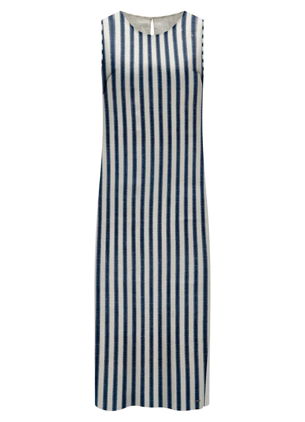 Vestido Midi Listrado com Fenda Lateral Azul Lunender Feminino