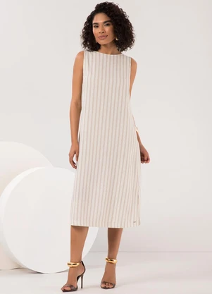 Lunender - Vestido Midi Listrado com Fenda Lateral Bege - LUNENDER