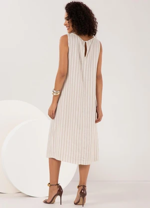 Lunender - Vestido Midi Listrado com Fenda Lateral Bege - LUNENDER