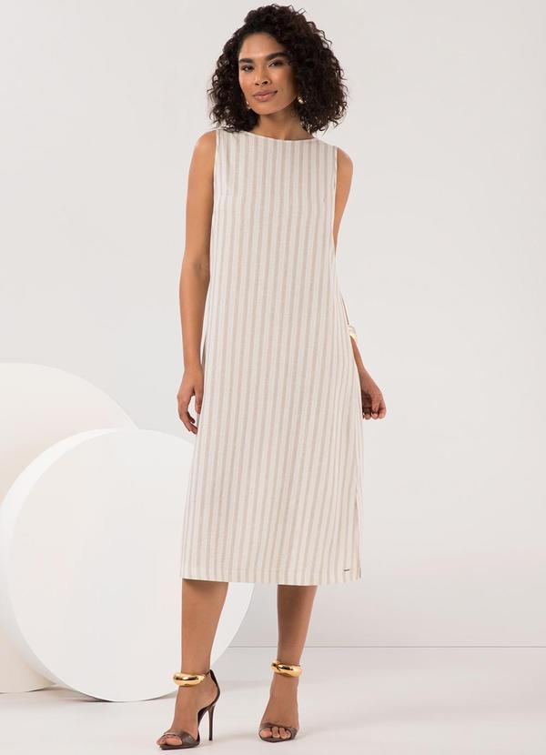 Lunender - Vestido Midi Listrado com Fenda Lateral Bege
