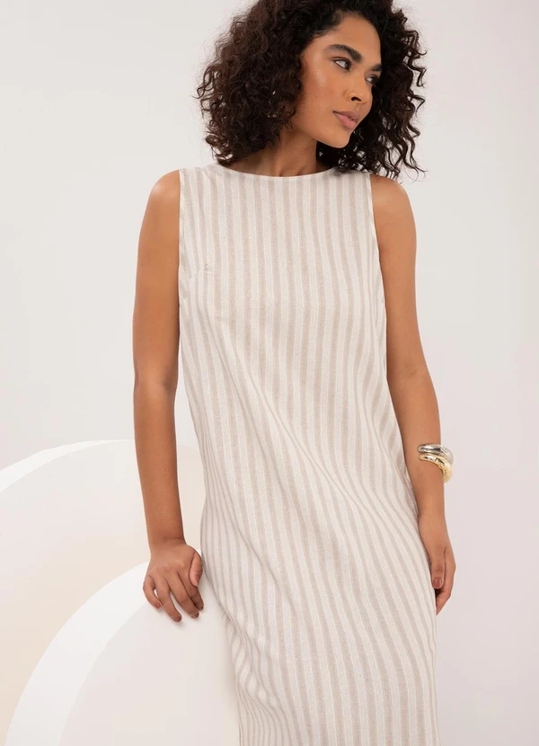 Lunender - Vestido Midi Listrado com Fenda Lateral Bege 3