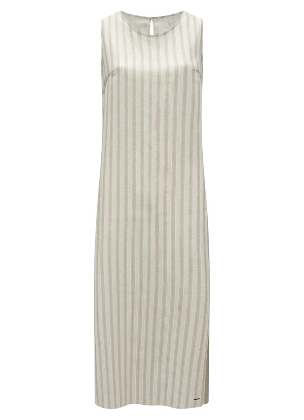 Lunender - Vestido Midi Listrado com Fenda Lateral Bege 4