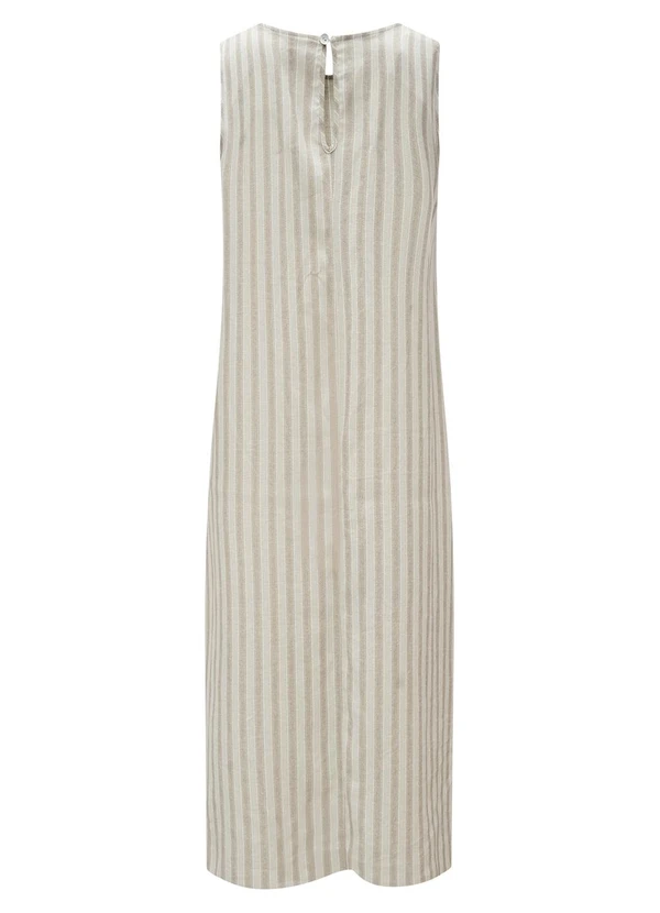 Lunender - Vestido Midi Listrado com Fenda Lateral Bege 5
