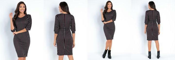 Vestido Midi Listrado com Mangas 3/4 Franzidas