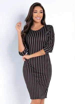 Moda Pop - Vestido Midi Listrado com Mangas 3/4 Franzidas - MODA POP