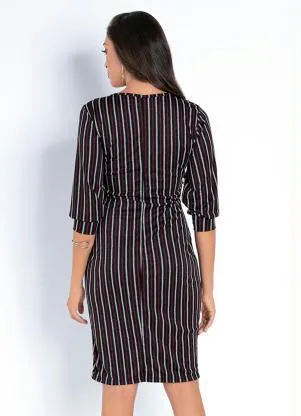 Moda Pop - Vestido Midi Listrado com Mangas 3/4 Franzidas - MODA POP