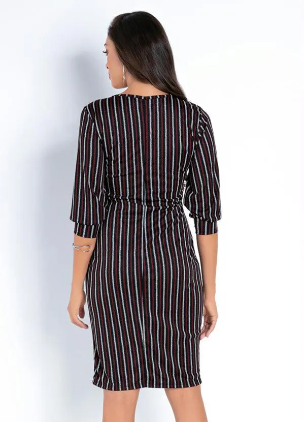 Moda Pop - Vestido Midi Listrado com Mangas 3/4 Franzidas 2