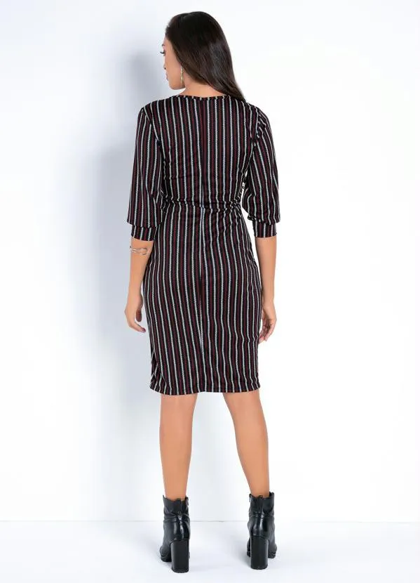 Moda Pop - Vestido Midi Listrado com Mangas 3/4 Franzidas 4
