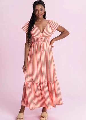 Angel - Vestido Midi Listrado Cotton Touch Laranja - ANGEL