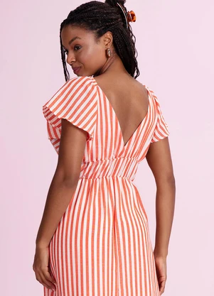 Angel - Vestido Midi Listrado Cotton Touch Laranja - ANGEL
