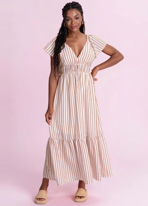 Angel - Vestido Midi Listrado Cotton Touch Marrom - ANGEL