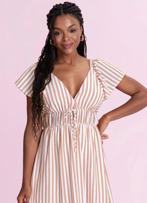 Angel - Vestido Midi Listrado Cotton Touch Marrom - ANGEL