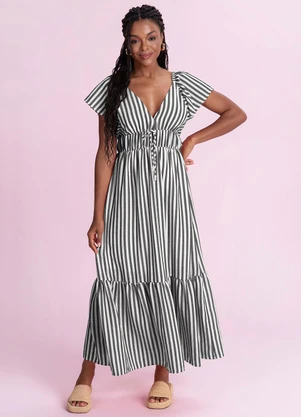 Angel - Vestido Midi Listrado Cotton Touch Preto - ANGEL