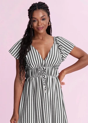 Angel - Vestido Midi Listrado Cotton Touch Preto - ANGEL