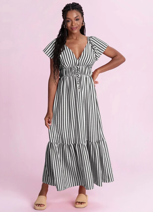 Angel - Vestido Midi Listrado Cotton Touch Preto