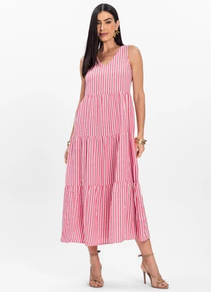 Rovitex - Vestido Midi Listrado Decote V Aishty Rosa - ROVITEX
