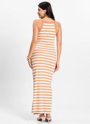 Rovitex - Vestido Midi Listrado em Ribana Marrom - ROVITEX