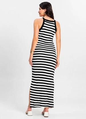 Rovitex - Vestido Midi Listrado em Ribana Preto - ROVITEX