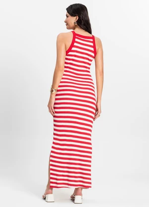 Rovitex - Vestido Midi Listrado em Ribana Vermelho - ROVITEX
