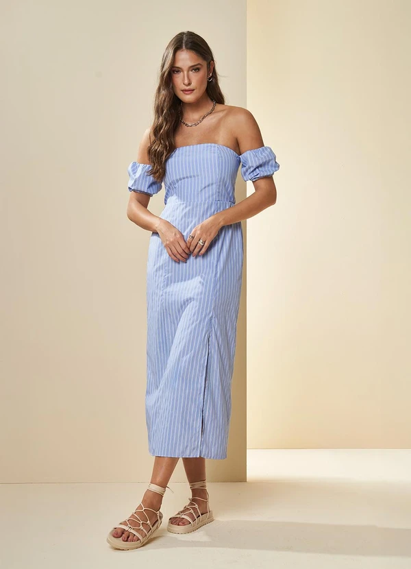 Doce Trama - Vestido Midi Listrado em Tricoline Azul