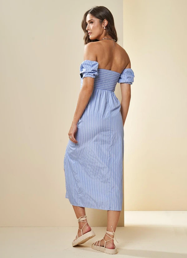 Doce Trama - Vestido Midi Listrado em Tricoline Azul 2