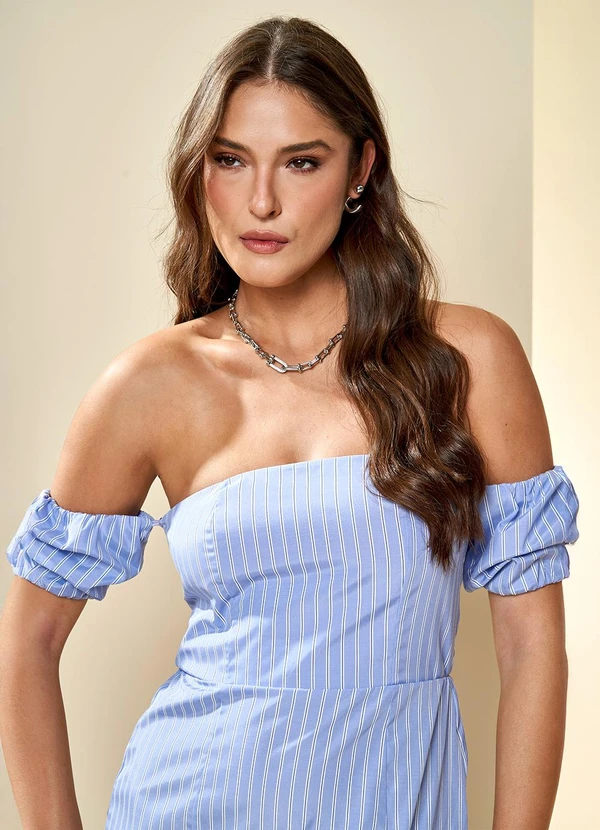 Doce Trama - Vestido Midi Listrado em Tricoline Azul 4