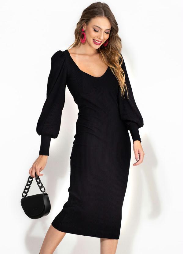 Farm - Vestido Midi Malha Canelada Mangão Preto 1