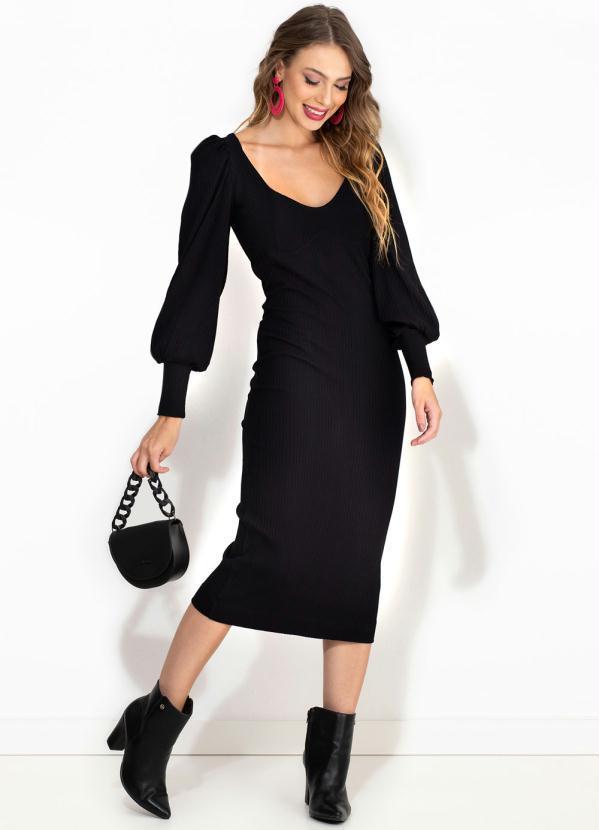 Farm - Vestido Midi Malha Canelada Mangão Preto 3