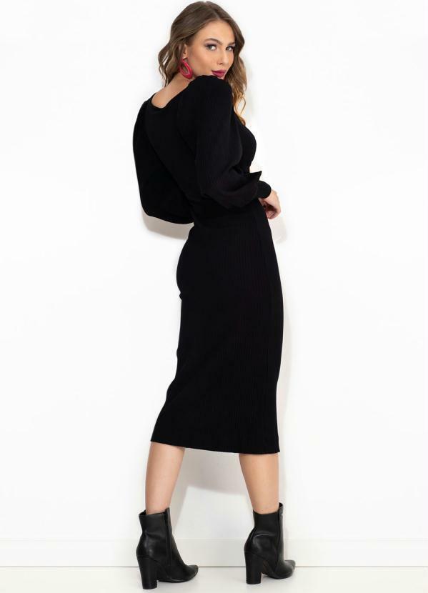 Farm - Vestido Midi Malha Canelada Mangão Preto 4