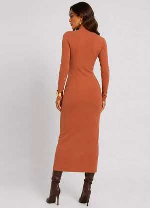 Infinita Cor - Vestido Midi Manga Comprida Gola Alta Marrom - INFINITA COR