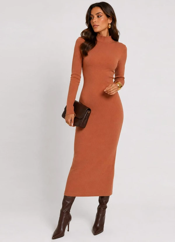 Infinita Cor - Vestido Midi Manga Comprida Gola Alta Marrom